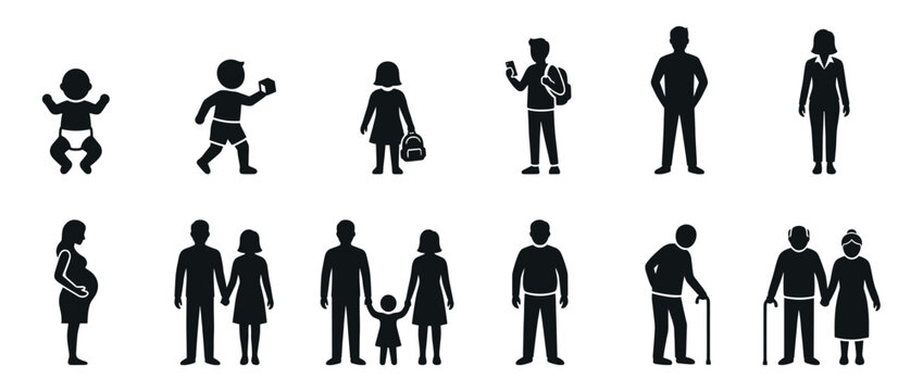 Collection of diverse human icons representing various life stages, generations, and family structures from infancy to old age.