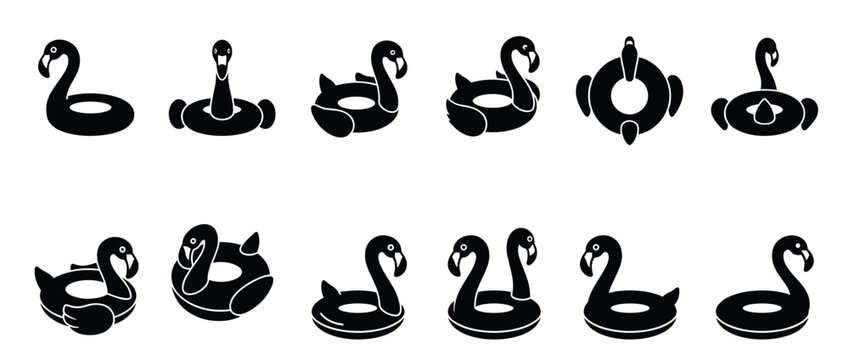 Flamingo floats, swimming rings, pool inflatables icon set for summer vacation and water recreation activities.