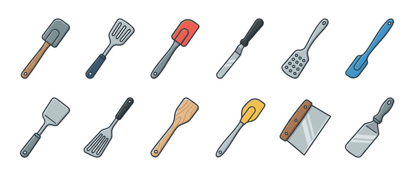 Collection of various kitchen spatulas and cooking utensils for baking and food preparation in a colorful cartoon illustration style.