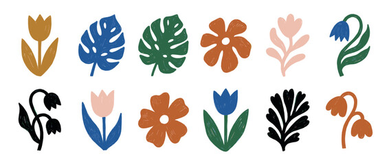 Fototapeta premium Abstract floral elements and botanical leaves in a modern, hand-drawn, block print style illustration set for creative design.