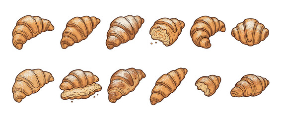 Fototapeta premium Croissants illustration set with various delicious French pastries, some whole, some bitten, and some sprinkled with powdered sugar.