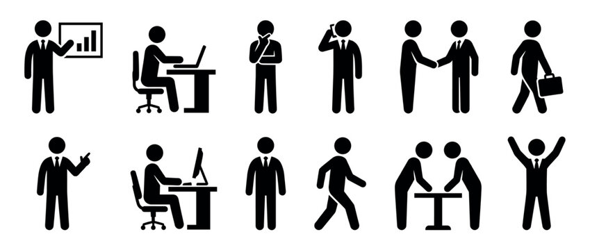 Businessmen stick figures engaged in various office and corporate activities, illustrating different professional roles and interactions.