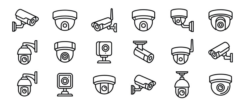 Security cameras icon set featuring various types of surveillance devices for monitoring and protection in a modern line art style.