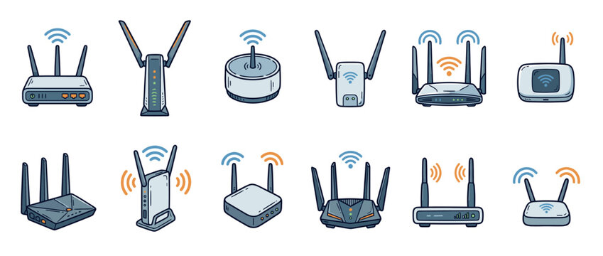 Set of different Wi-Fi routers and internet modems with antennas, showcasing wireless technology in a playful cartoon style.