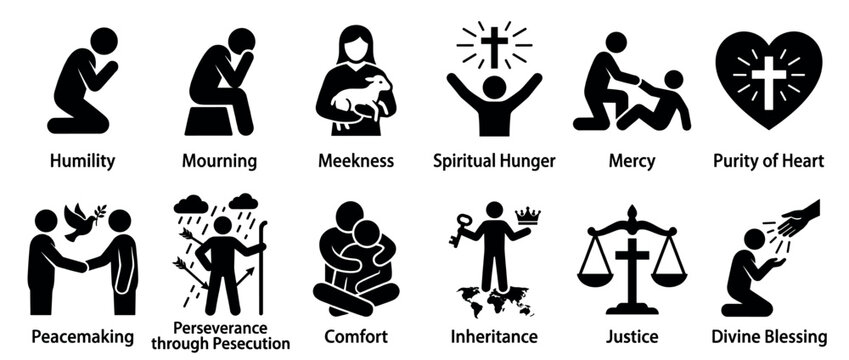 Stick figure icons illustrating various spiritual concepts and moral virtues such as humility, mercy, justice, and divine blessing.