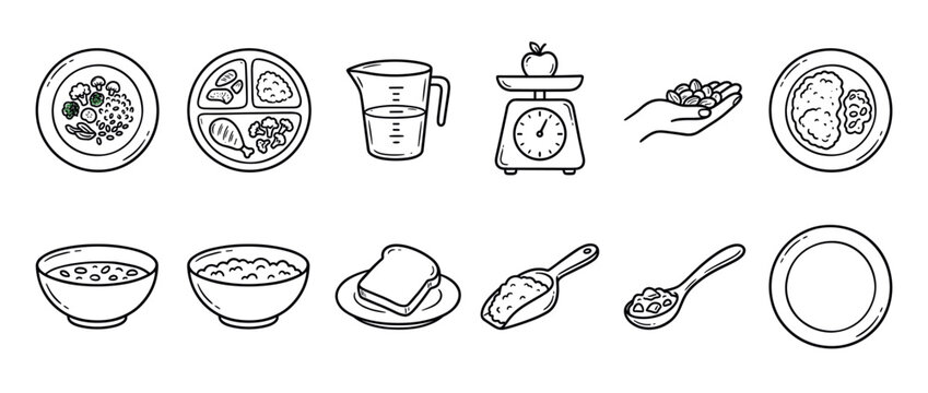 Food and kitchenware icons representing healthy eating, cooking, and portion control for various meals and ingredients in a hand-drawn style.