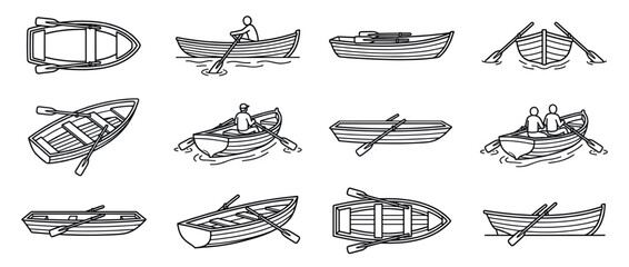 Obraz premium Rowboats and oars line art collection featuring various boat designs and people enjoying recreational rowing activities on water.