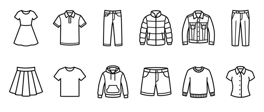 Clothing apparel garments fashion items collection of various outline icons representing different types of everyday wear for men and women.