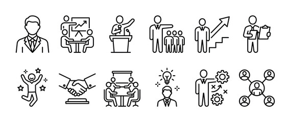 Fototapeta premium Business management teamwork success line icons set for corporate strategy, professional development, and organizational growth concepts.