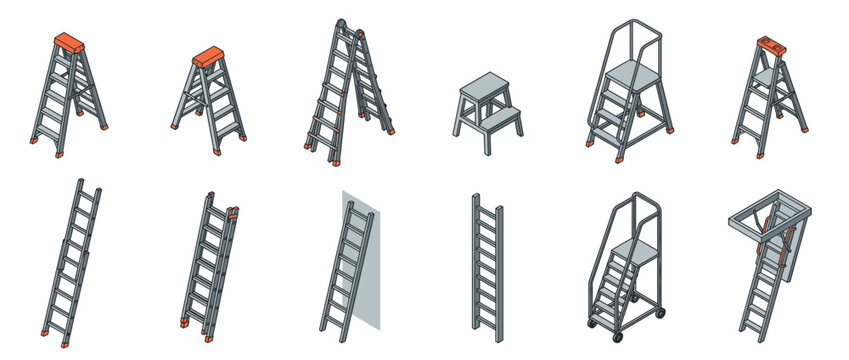 Ladders and step stools in a diverse set of designs, featuring stepladders, extension ladders, and mobile platform ladders for various tasks.