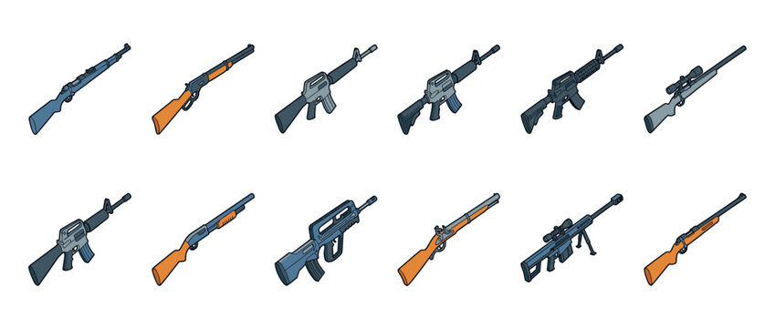 Various firearms collection isometric cartoon illustration depicting different types of rifles and shotguns for military or hunting concepts.