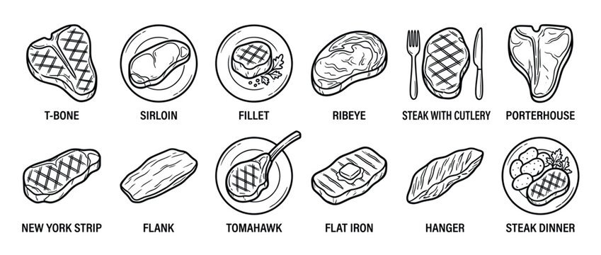 Collection of various steak cuts and a complete dinner with grilled meat, potatoes, and garnish in a detailed line art style.