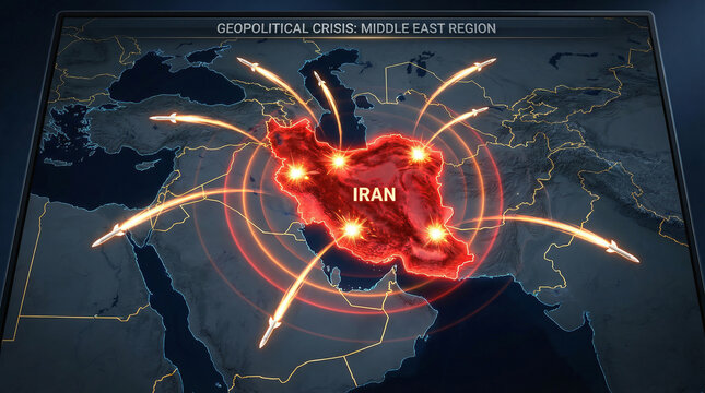 Geopolitical conflict concept map of iran under missile attack in middle east.
