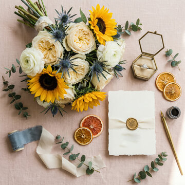 Elegant wedding flat lay with sunflower bouquet, invitation suite with wax seal, and engagement ring on a pink linen background.