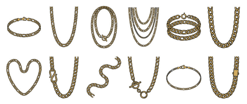 Gold chain jewelry collection featuring various necklaces and bracelets with different link styles and clasps, showcasing elegant fashion accessories.