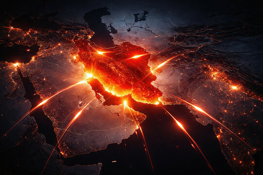 Geopolitical conflict concept map of iran under missile attack in middle east.