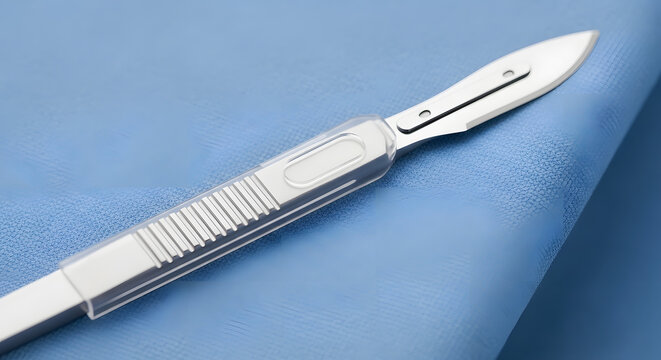 A close-up image of a scalpel on a blue surface in a studio; a close-up of the details of medical equipment.