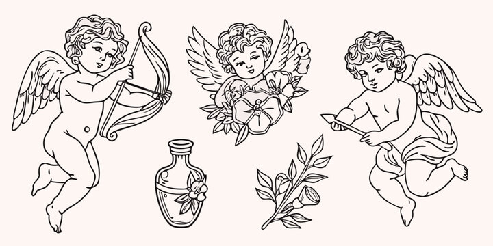 Vintage cherub illustrations with floral elements a delicate silhouette