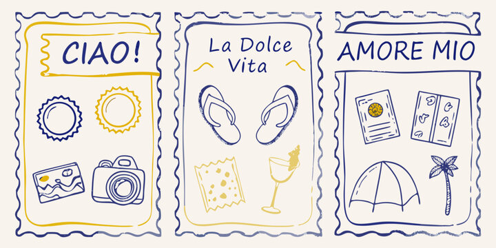 Italian travel themed postcards with sketched imagery a silhouette
