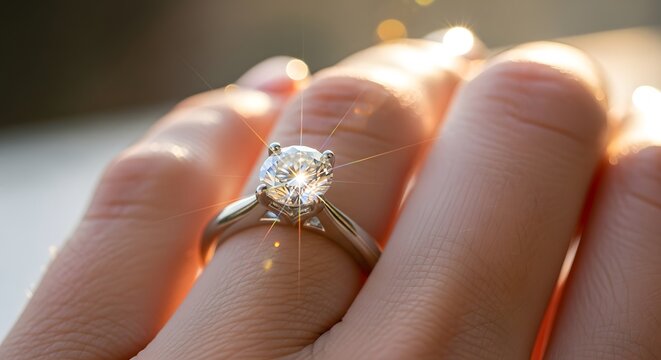 Close-up photograph showcasing a hand with a silver diamond ring in an indoor setting bathed in natural light