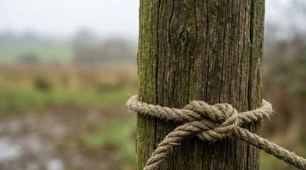 Fototapeta premium Wooden post wrapped with rope in rural field during overcast day