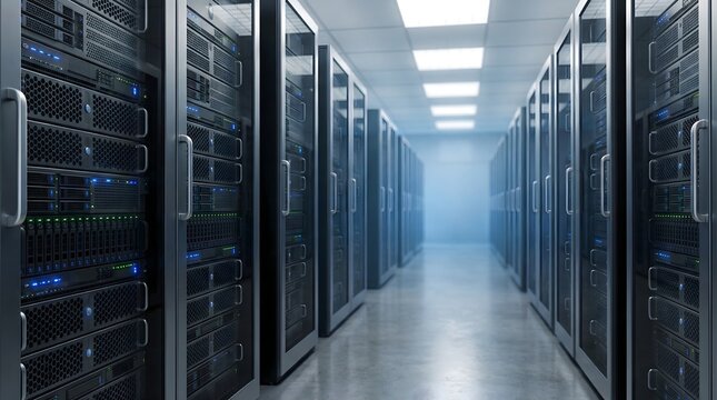 Modern Data Center Server Room with Blue LED Lights and High Speed Connectivity