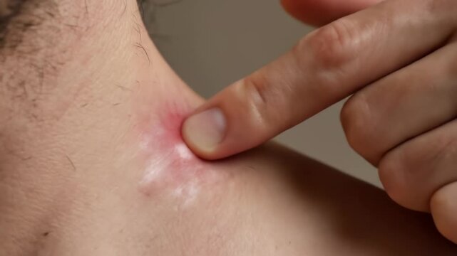 This video shows a close-up of a person's neck with a red and itchy insect bite being touched by their finger, highlighting the discomfort and irritation caused by insect bites and potential diseases