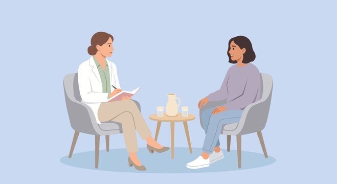 A flat vector illustration of a female therapist talking to a patient