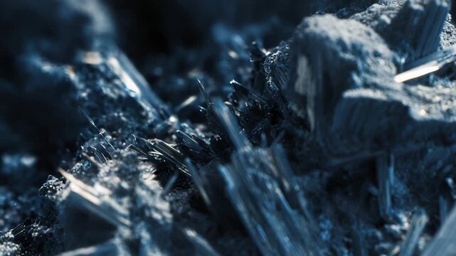 Dark blue crystalline mineral surface with sharp, jagged shards emerging from rough rock texture, complex microscopic pattern of spiky, intricate geological detail and contrast