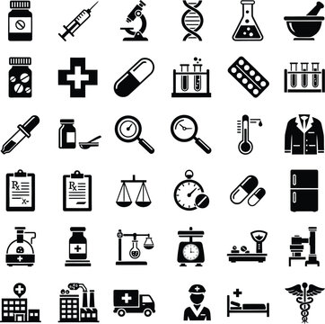 Medical and pharmacy icon set with lab equipment healthcare symbols and scientific research signs