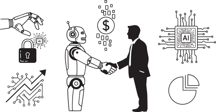 Robot and businessman fintech collaboration ai technology partnership for financial innovation