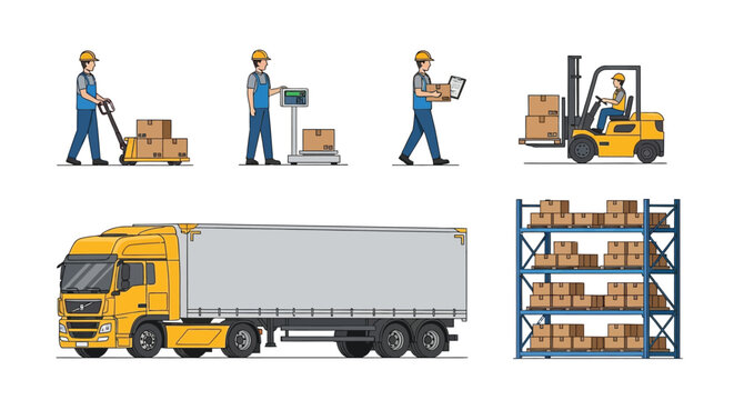 Warehouse operations illustration featuring workers forklifts trucks and shelving