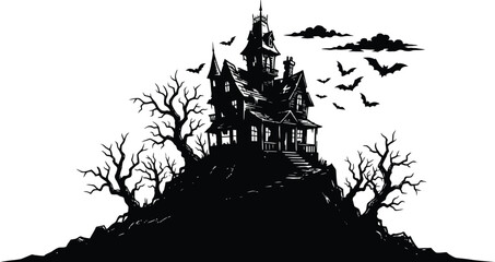 Haunted House Silhouette on Hill with Full Moon and Bats – Halloween Vector © MDZAHID