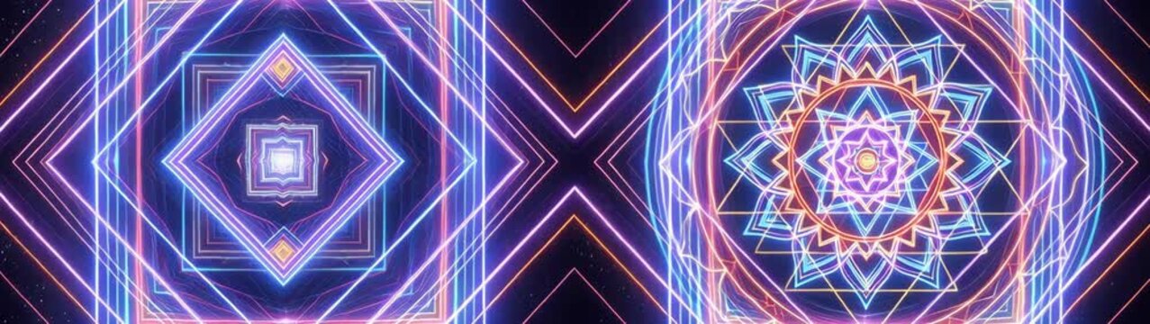 Sacred Geometry And Spirituality Concept Neon Mandala Pattern With Square Frames For Meditation Relaxation.