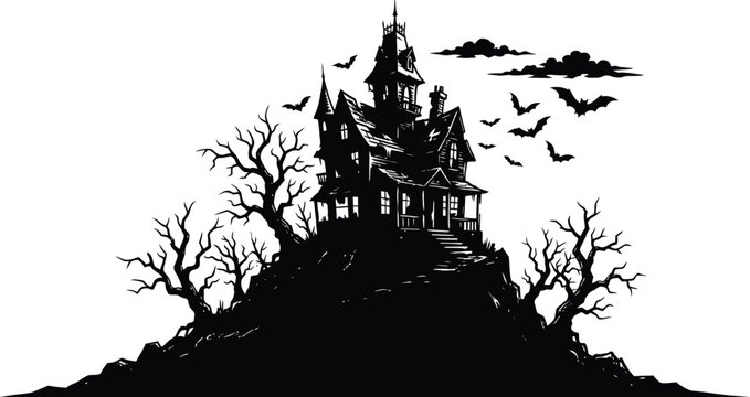 Haunted House Silhouette on Hill with Full Moon and Bats &ndash; Halloween Vector
