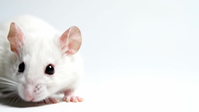 This shows a close-up of a white mouse on a plain white background. The mouse is looking to the right with curiosity in its eyes. The captures the mouse's calm and peaceful demeanor.