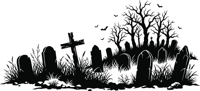 Spooky Graveyard Silhouette with Tombstones and Crosses