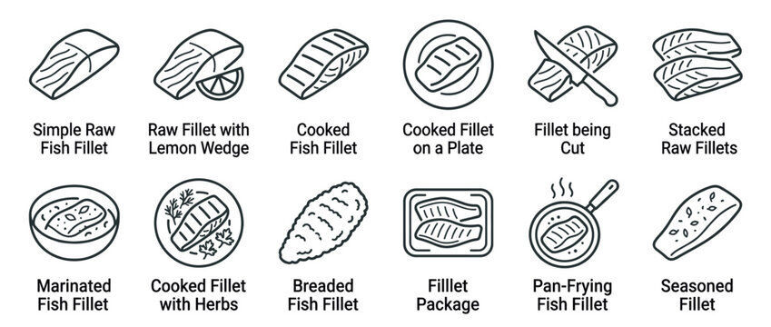Fish fillet icons representing various stages of preparation, cooking, and serving seafood dishes in a collection.