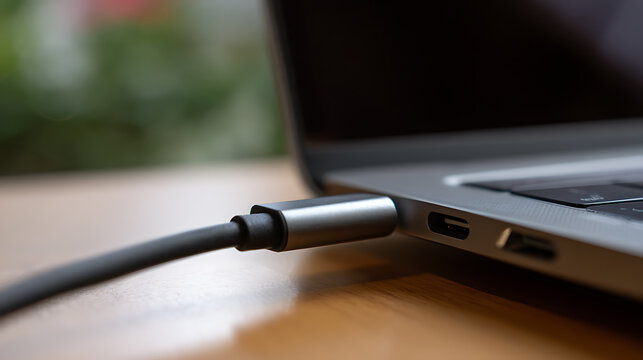USB-C Cable Connect to Laptop Port on Wooden Table, Close-Up View of Modern Technology for Data Transfer and Power Supply