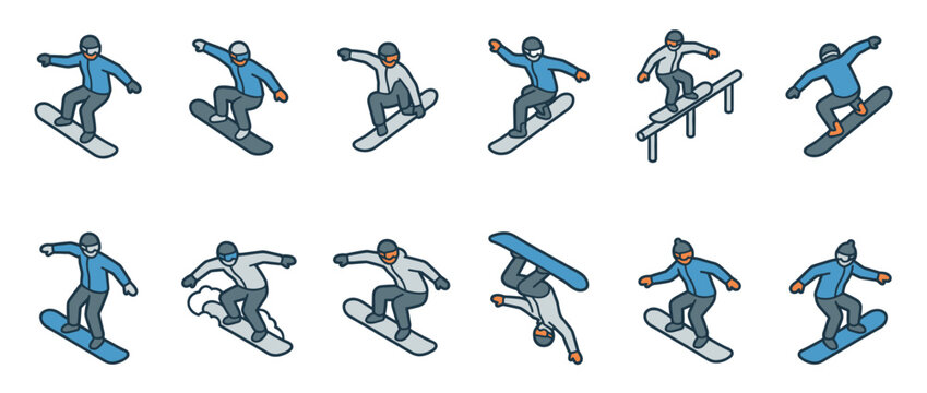 Dynamic isometric illustrations of snowboarders engaging in various winter sports activities and freestyle tricks.
