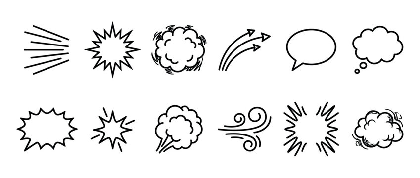 Collection of hand-drawn comic elements including speed lines, explosion bursts, smoke puffs, speech bubbles, and thought clouds for graphic design.