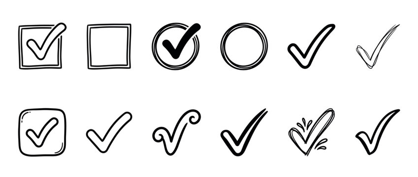 Hand drawn checkmark icons and empty checkboxes in various doodle styles for task completion and approval concepts.