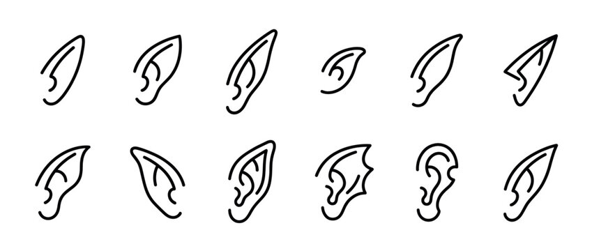 Fantasy ears icon set featuring various pointed and stylized ear shapes for mythical creatures and characters.
