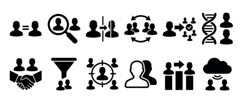 People icons representing various business and data management concepts including search, targeting, collaboration, and growth processes.