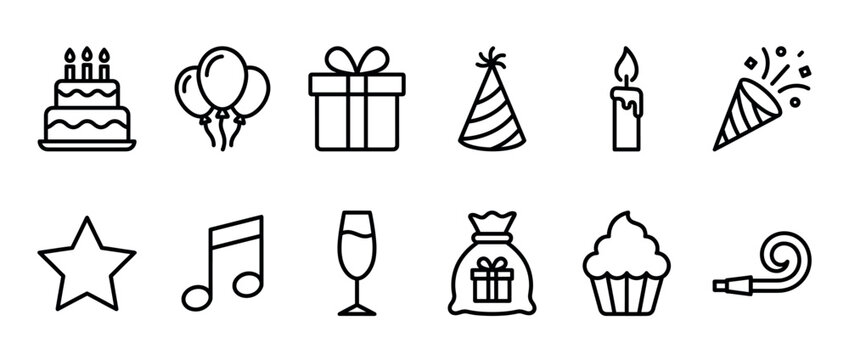 Collection of party icons, celebration symbols, and birthday elements featuring festive graphics and event pictograms in a versatile vector set.