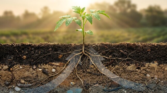 Young plant growth in soil with root system and water absorption arrows