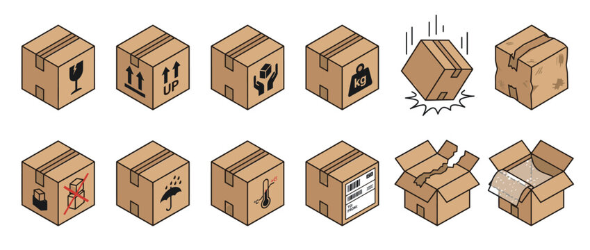 Cardboard boxes with various shipping and handling symbols illustrating logistics, delivery, and packaging processes, including fragile, heavy, and damaged parcels.
