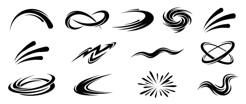 Abstract graphic elements, swooshes, swirls, speed lines, and dynamic curves vector collection for design projects requiring movement and energy.