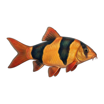 Clown loach fish with vibrant orange body and black stripes isolated on white background