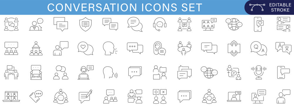 Conversation icons set communication chat dialogue business discussion social interaction teamwork support messaging symbols collection